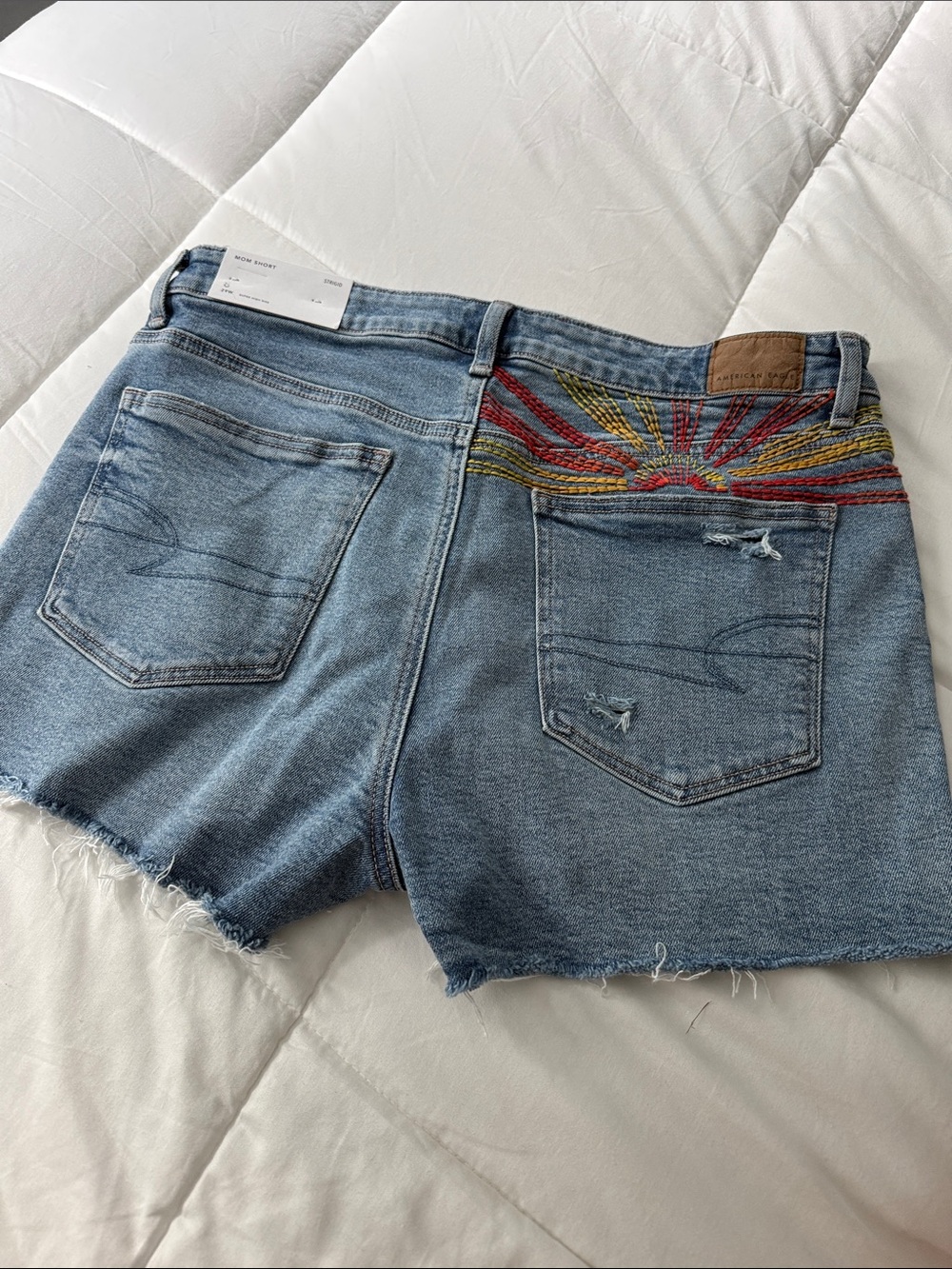 American Eagle Outfitters Light Blue Denim Shorts with Embroidered Sunrise